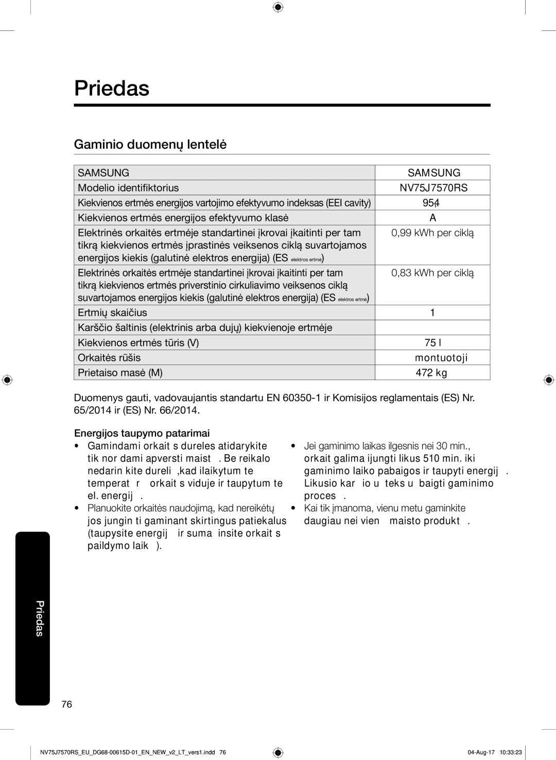 Samsung NV75J7570RS/EO manual Priedas, Gaminio duomenų lentelė 