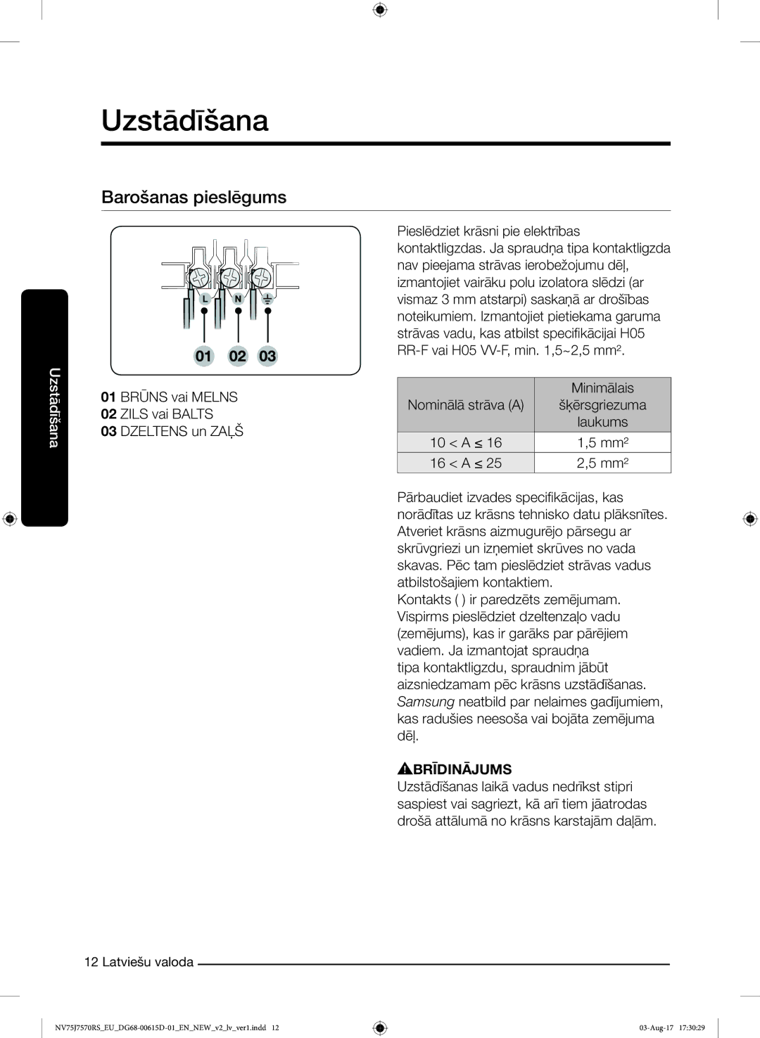 Samsung NV75J7570RS/EO manual Barošanas pieslēgums, 01 Brūns vai Melns Zils vai Balts Dzeltens un Zaļš 