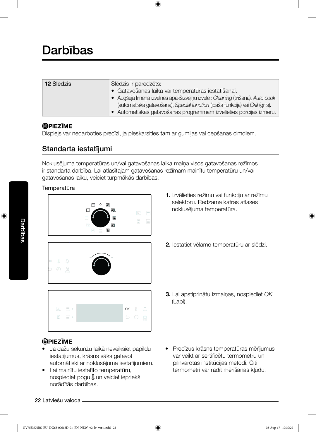 Samsung NV75J7570RS/EO manual Standarta iestatījumi 