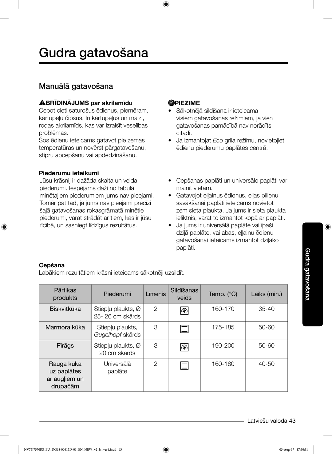 Samsung NV75J7570RS/EO manual Gudra gatavošana, Manuālā gatavošana 