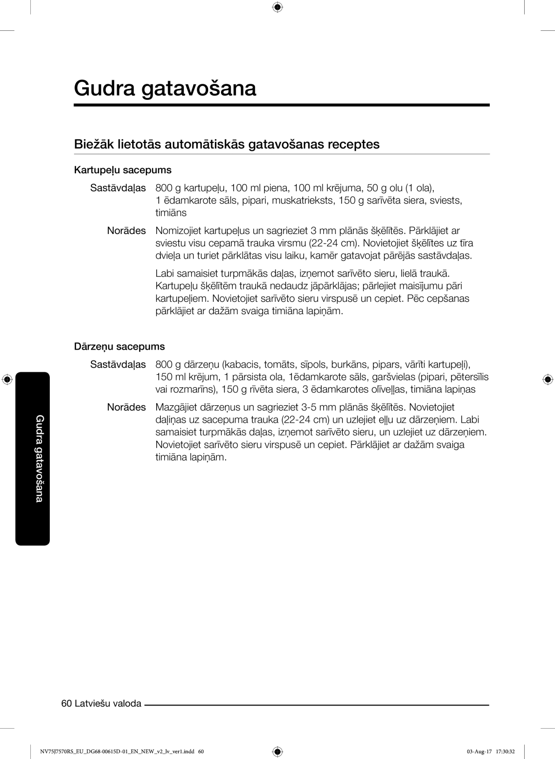 Samsung NV75J7570RS/EO manual Biežāk lietotās automātiskās gatavošanas receptes 