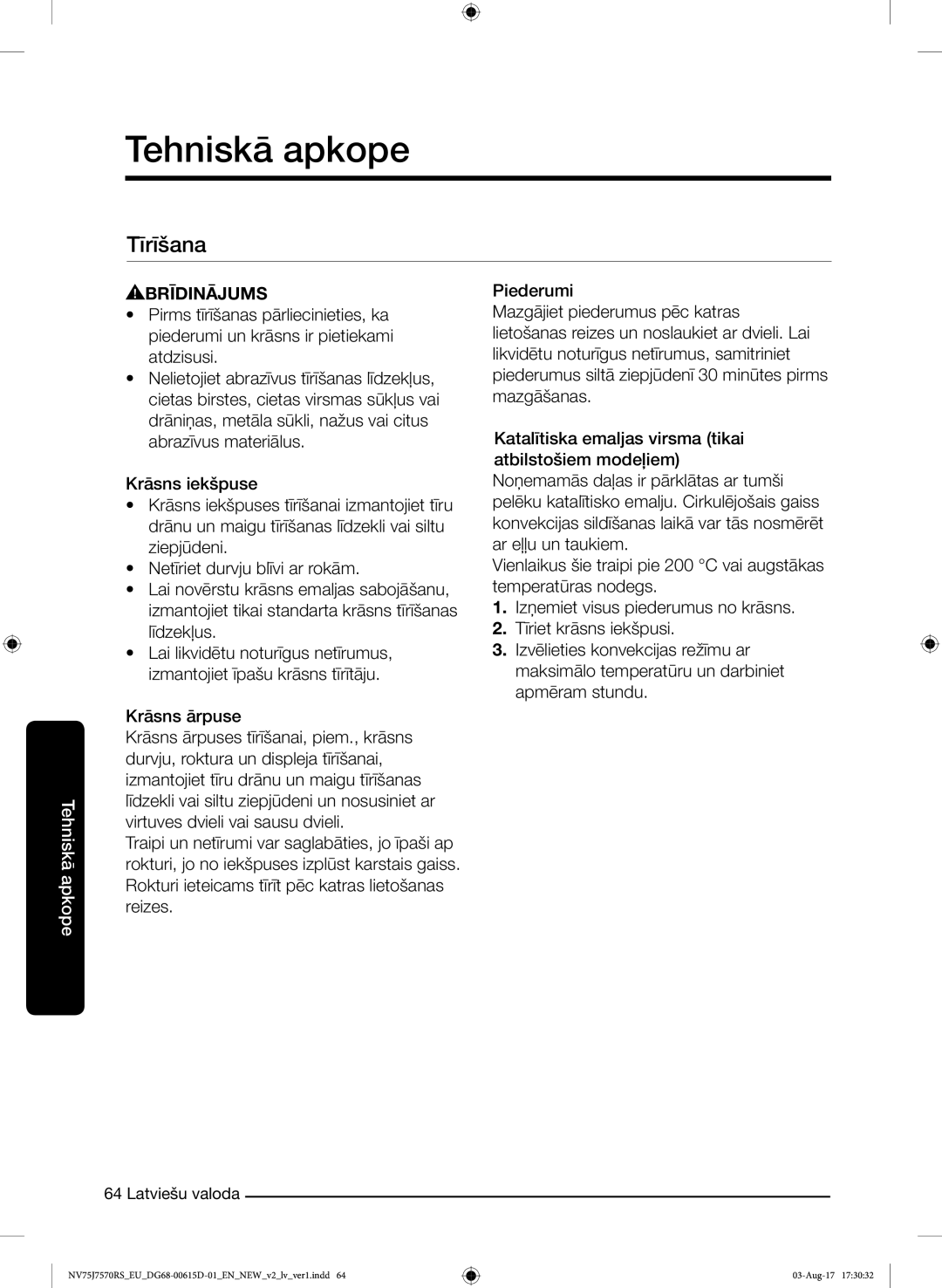 Samsung NV75J7570RS/EO manual Tehniskā apkope, Tīrīšana 