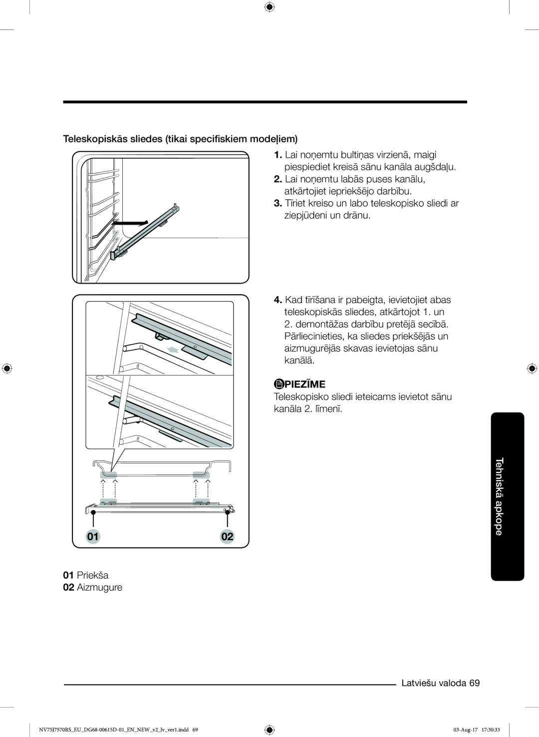 Samsung NV75J7570RS/EO manual Teleskopisko sliedi ieteicams ievietot sānu kanāla 2. līmenī 