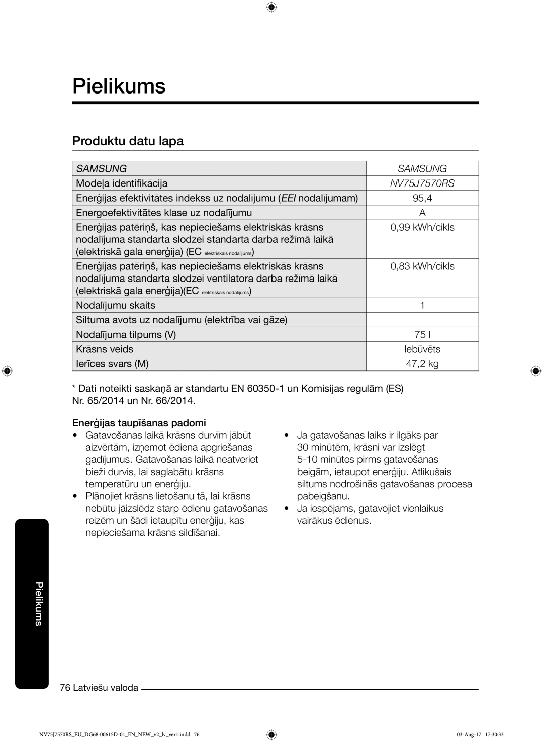 Samsung NV75J7570RS/EO manual Pielikums, Produktu datu lapa 