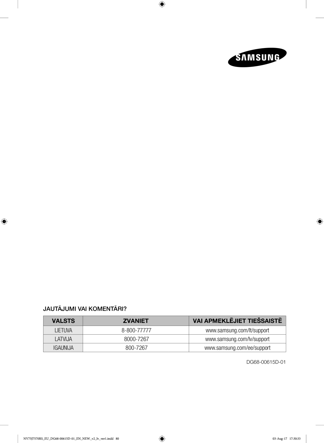 Samsung NV75J7570RS/EO manual Valsts Zvaniet VAI Apmeklējiet Tiešsaistē 