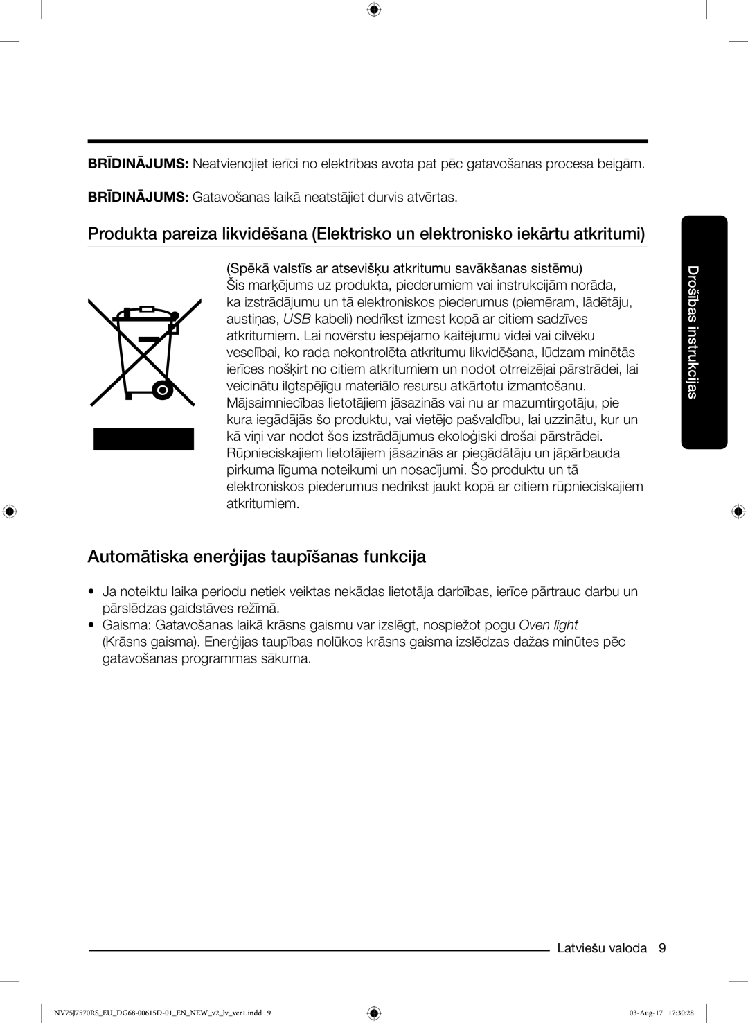 Samsung NV75J7570RS/EO manual Automātiska enerģijas taupīšanas funkcija 