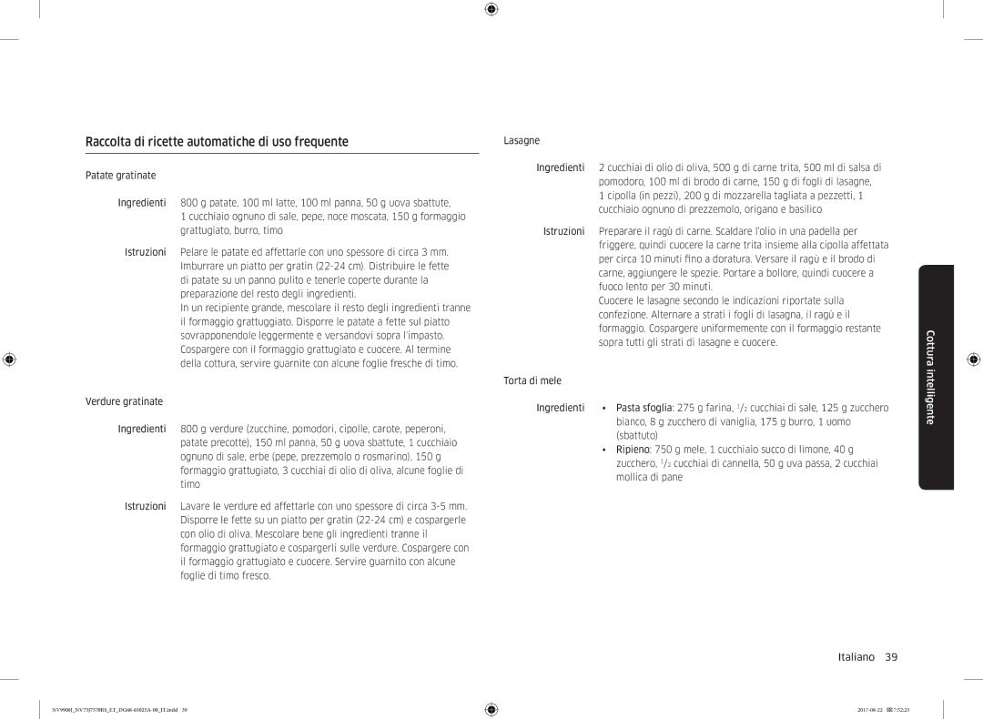 Samsung NV75J7570RS/ET manual Raccolta di ricette automatiche di uso frequente 