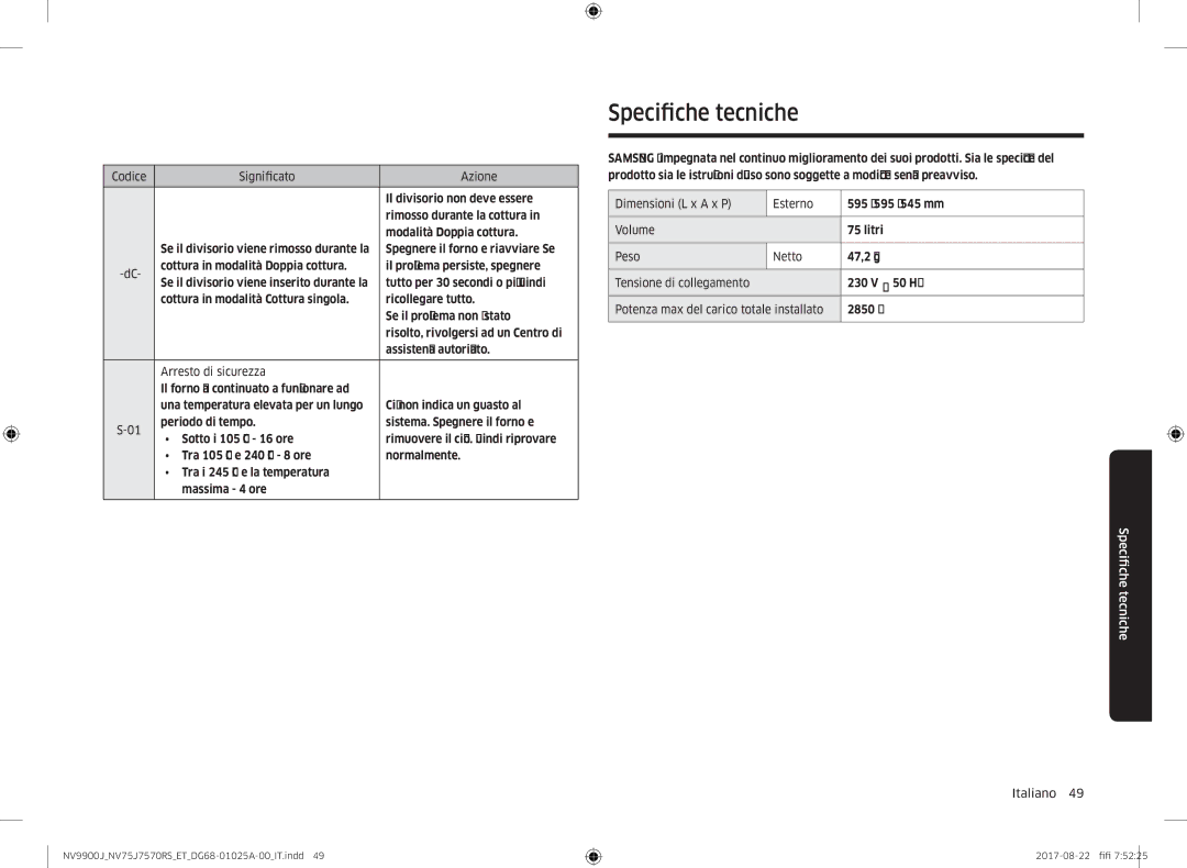 Samsung NV75J7570RS/ET manual Specifiche tecniche 