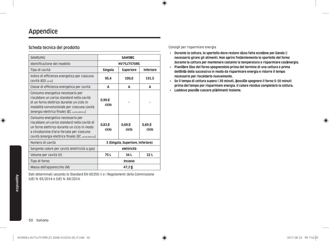 Samsung NV75J7570RS/ET manual Appendice, Scheda tecnica del prodotto 