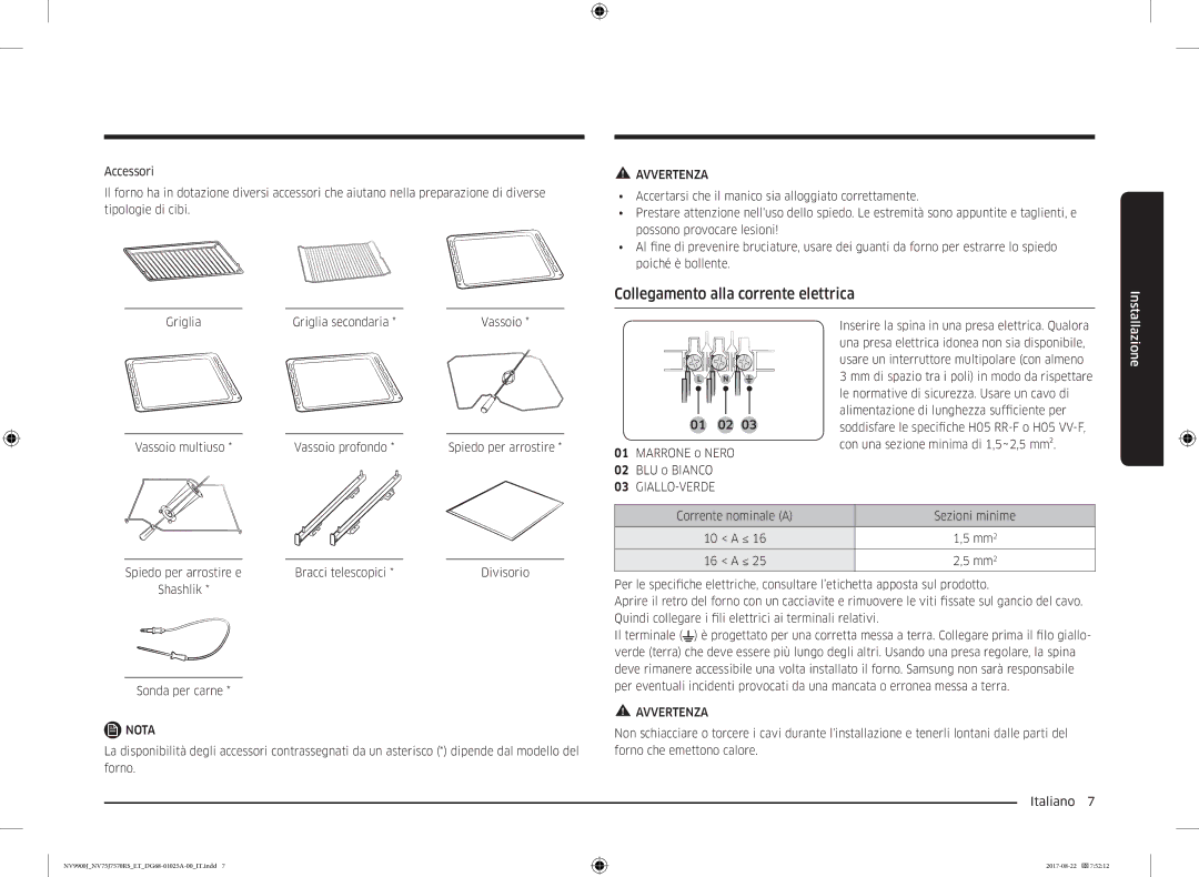 Samsung NV75J7570RS/ET manual Collegamento alla corrente elettrica, Giallo-Verde 