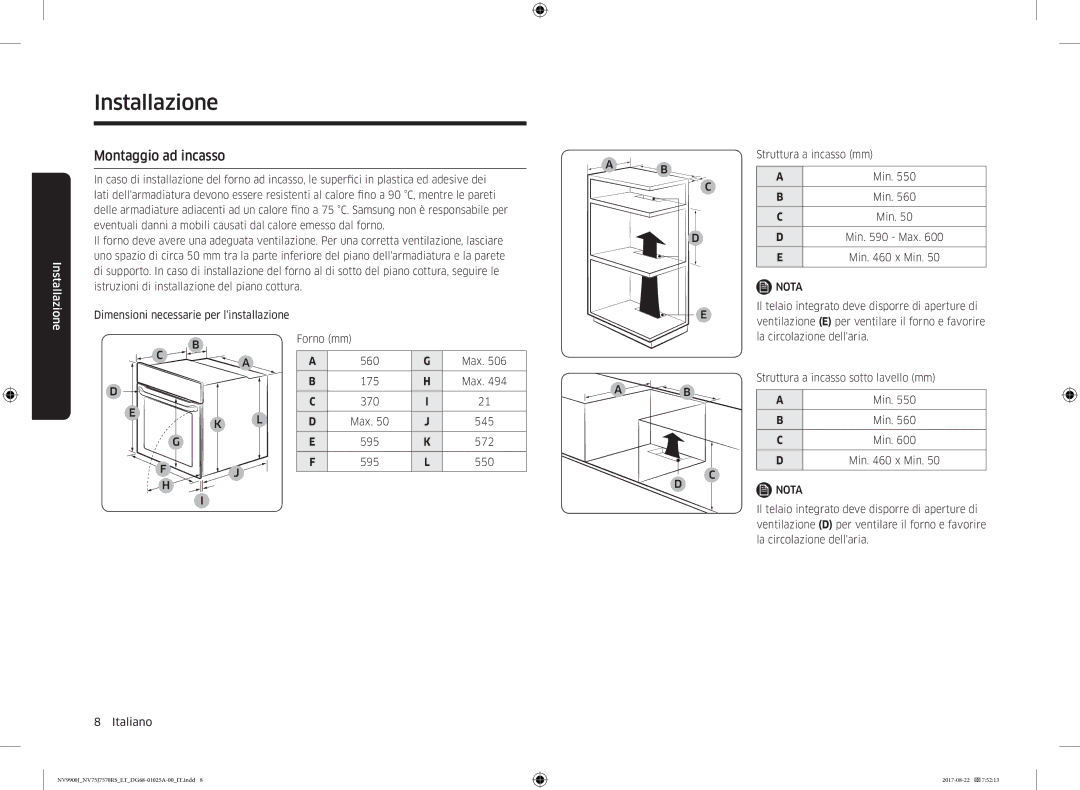 Samsung NV75J7570RS/ET manual Montaggio ad incasso, Max 175 370 545 595 572 550, Min x Min 