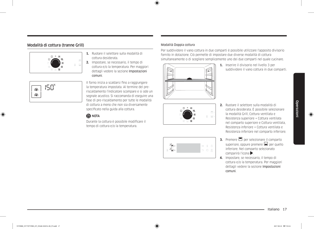 Samsung NV75J7570RS/ET manual Modalità di cottura tranne Grill, Operazioni 