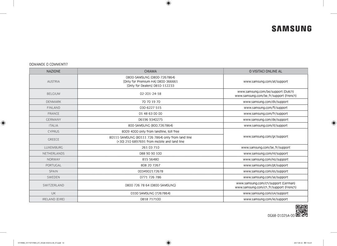 Samsung NV75J7570RS/ET manual Domande O Commenti?, Nazione, Chiama, O Visitaci Online Al, DG68-01025A-00 