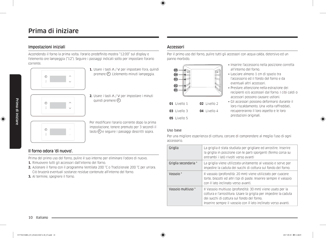 Samsung NV75K3340RB/ET manual Prima di iniziare, Impostazioni iniziali, Accessori, Il forno odora di nuovo, Livello 