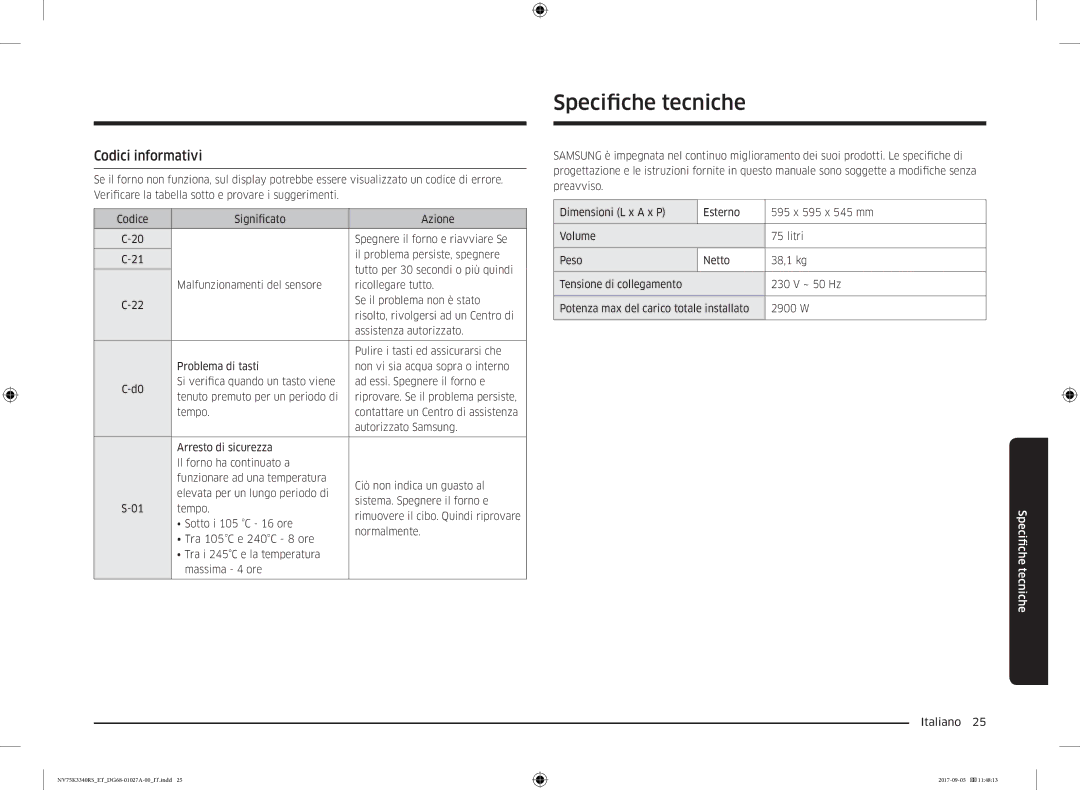 Samsung NV75K3340RS/ET, NV75K3340RB/ET manual Specifiche tecniche, Codici informativi 
