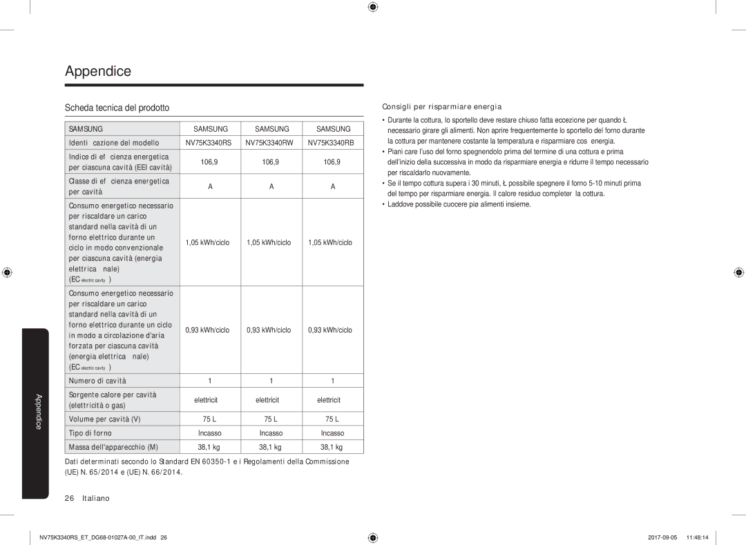 Samsung NV75K3340RB/ET, NV75K3340RS/ET manual Appendice, Scheda tecnica del prodotto 