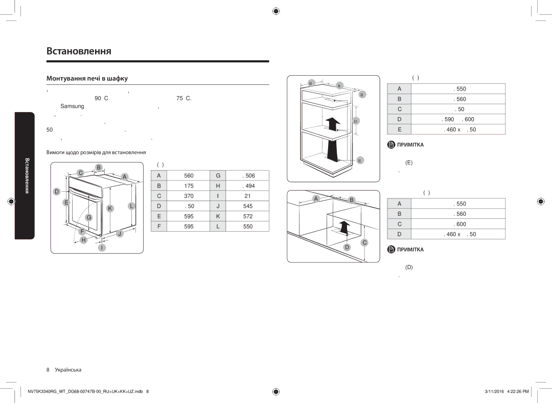 Samsung NV75K3340RG/WT manual Монтування печі в шафку, Вимоги щодо розмірів для встановлення Піч мм, Мін x мін 