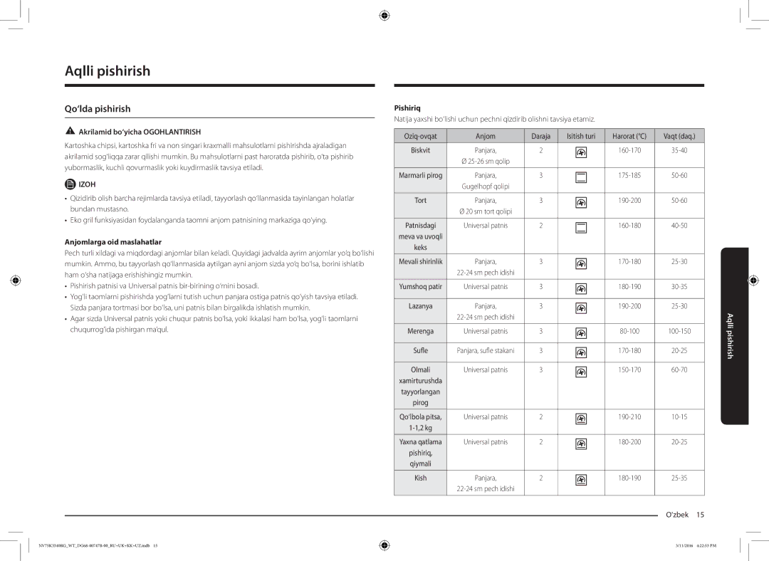 Samsung NV75K3340RG/WT Aqlli pishirish, Qo‘lda pishirish, Akrilamid bo‘yicha Ogohlantirish, Anjomlarga oid maslahatlar 