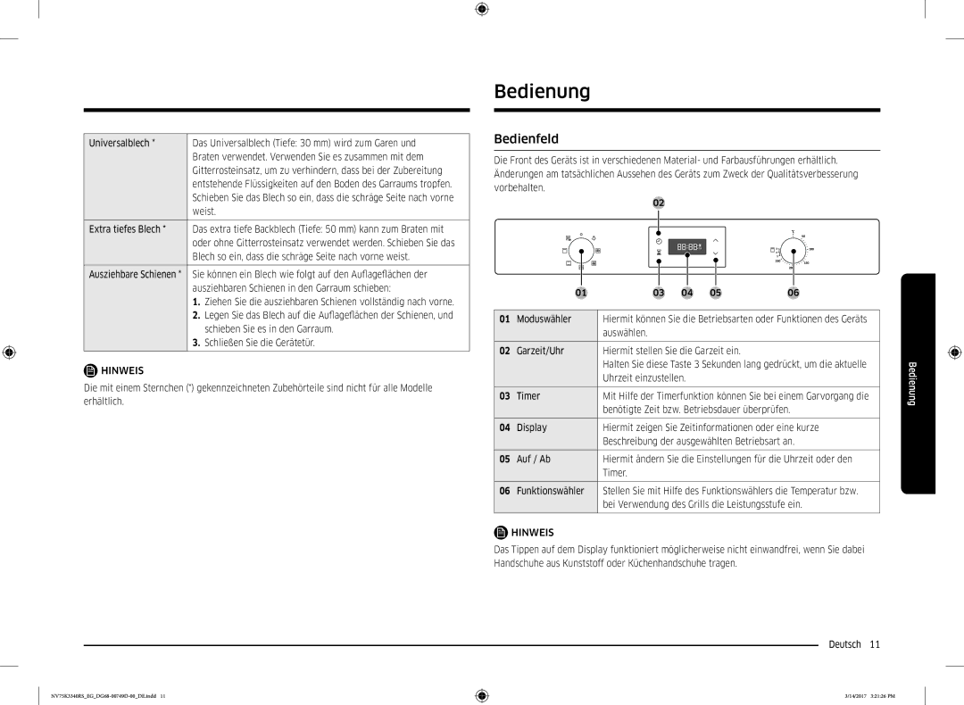 Samsung NV75K3340RS/EG manual Bedienung, Bedienfeld 