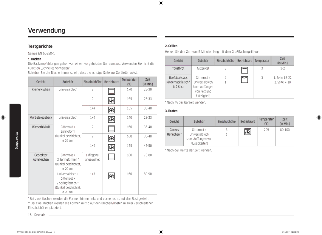 Samsung NV75K3340RS/EG manual Testgerichte, Gemäß EN, Einschubhöhe Betriebsart, Vor 