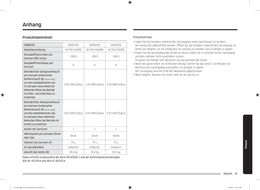 Samsung NV75K3340RS/EG manual Anhang, Produktdatenblatt 