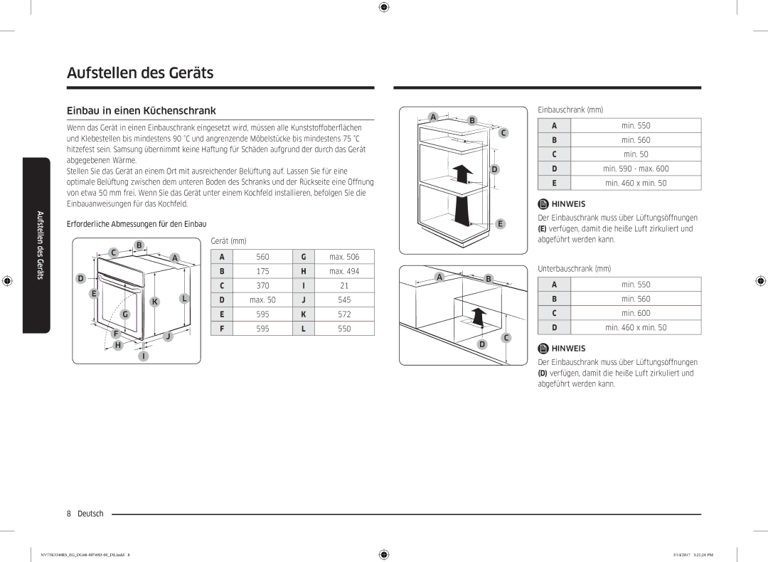 Samsung NV75K3340RS/EG manual Einbau in einen Küchenschrank, Min 