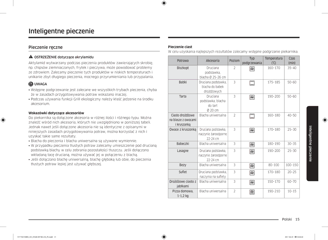 Samsung NV75K3340RS/EO manual Inteligentne pieczenie, Pieczenie ręczne, Wskazówki dotyczące akcesoriów, Pieczenie ciast 