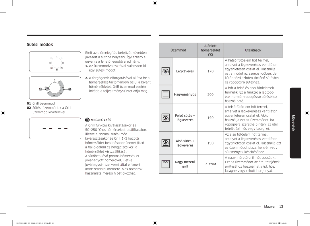 Samsung NV75K3340RS/EO manual Sütési módok 