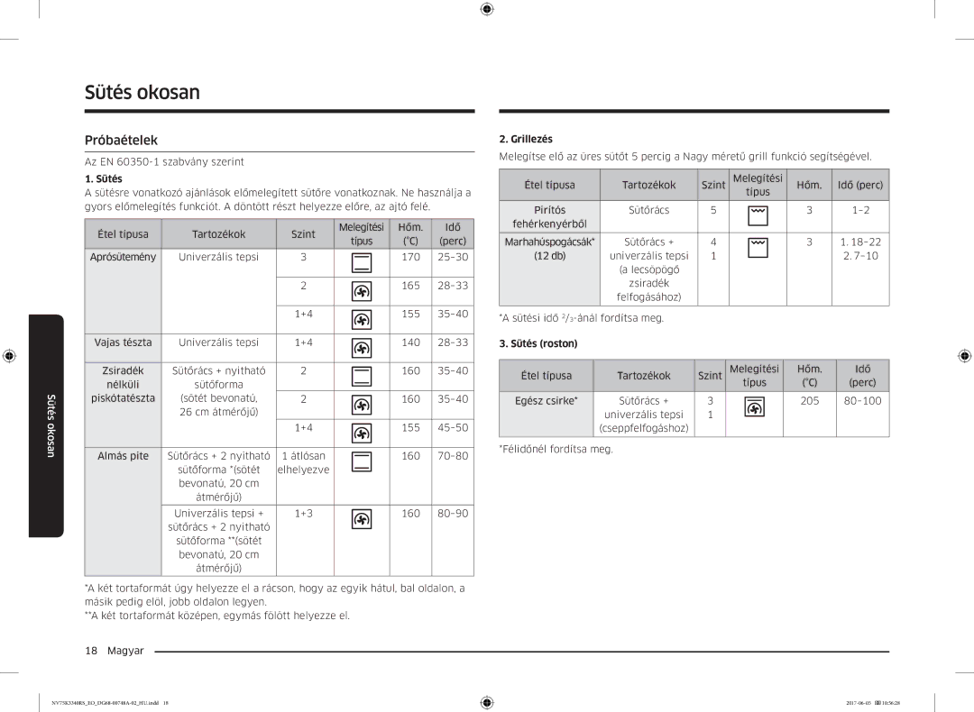 Samsung NV75K3340RS/EO manual Próbaételek, Sütés 