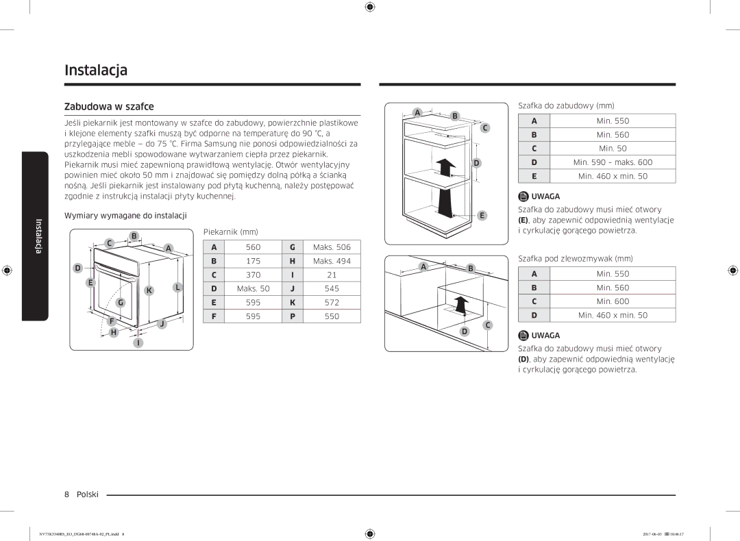 Samsung NV75K3340RS/EO manual Zabudowa w szafce, Maks 175 370 545 595 572 550, Min x min 