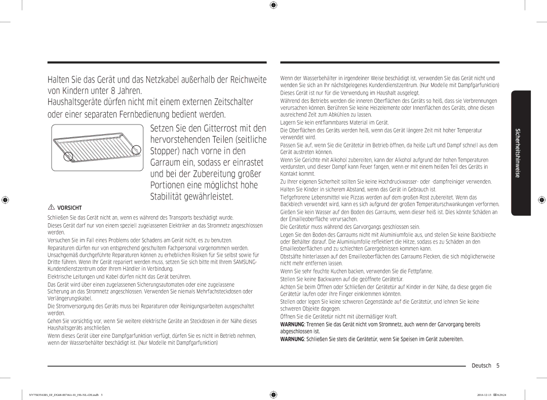 Samsung NV75K5541RS/EF, NV75K5541RS/EG, NV75K5541BS/EF manual Vorsicht 