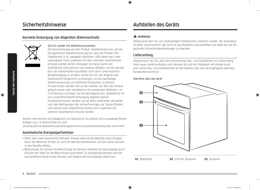 Samsung NV75K5541RS/EG manual Aufstellen des Geräts, Korrekte Entsorgung von Altgeräten Elektroschrott, Lieferumfang 