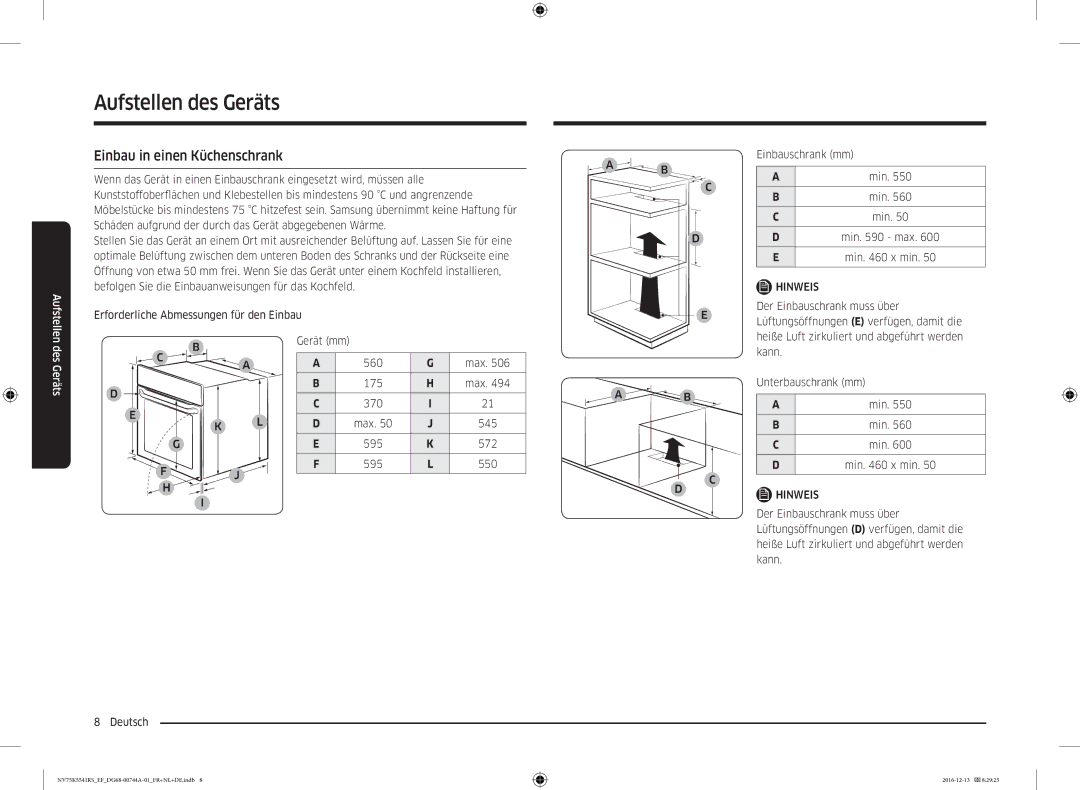 Samsung NV75K5541RS/EF manual Einbau in einen Küchenschrank, Der Einbauschrank muss über, Kann, Unterbauschrank mm Min 