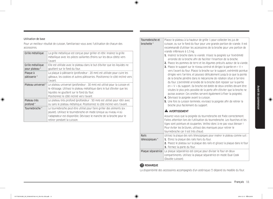 Samsung NV75K5541RS/EF manual Lavant, Pour plateau Gouttent sur le fond du four Plaque à, Pâtisserie, Plateau très, Rails 