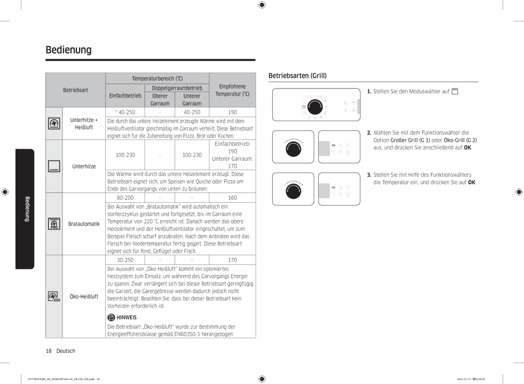 Samsung NV75K5541RS/EG, NV75K5541BS/EF, NV75K5541RS/EF manual Betriebsarten Grill 