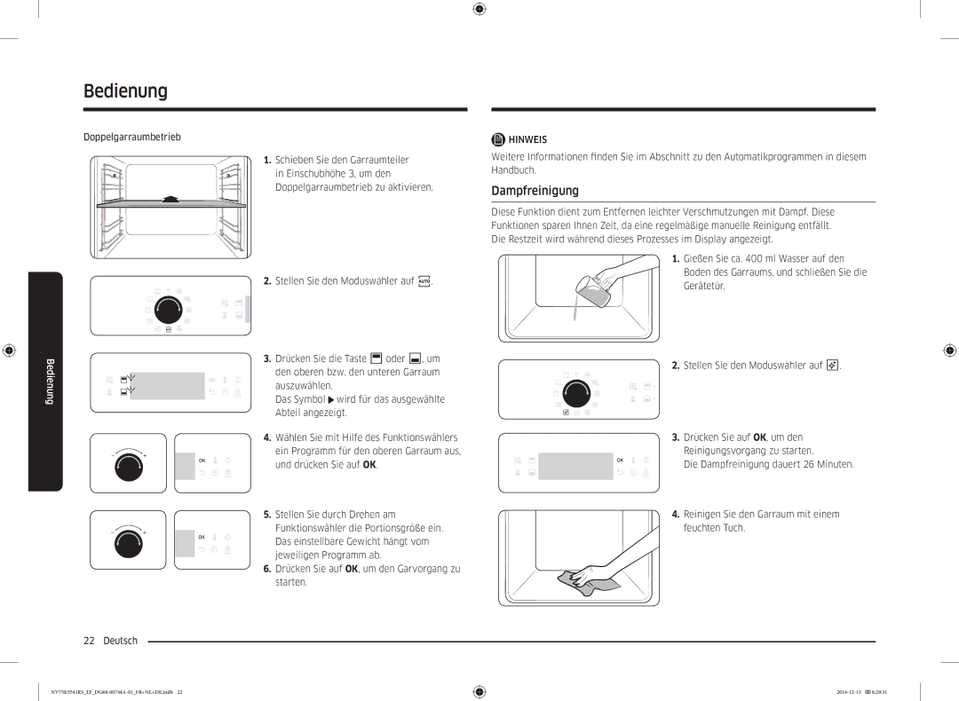 Samsung NV75K5541BS/EF, NV75K5541RS/EG, NV75K5541RS/EF manual Dampfreinigung, Doppelgarraumbetrieb 