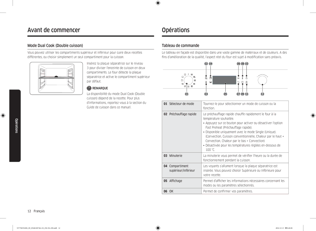 Samsung NV75K5541RS/EG, NV75K5541BS/EF, NV75K5541RS/EF manual Opérations, Mode Dual Cook Double cuisson, Tableau de commande 