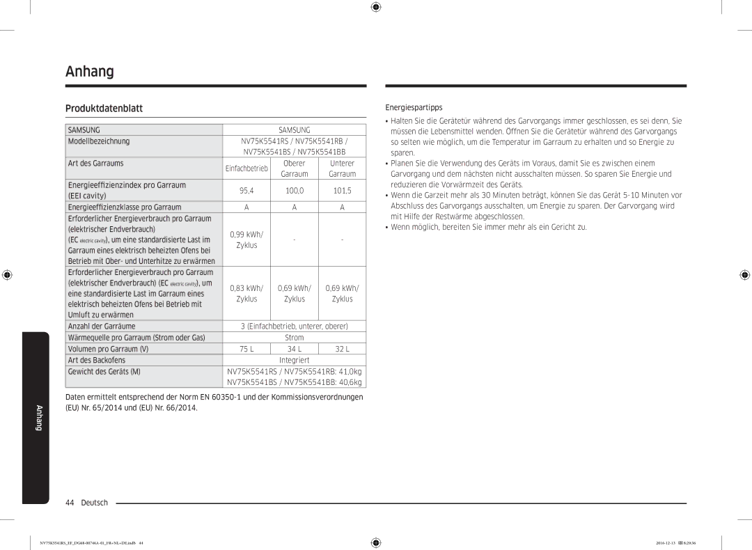 Samsung NV75K5541RS/EF, NV75K5541RS/EG, NV75K5541BS/EF manual Anhang, Produktdatenblatt 