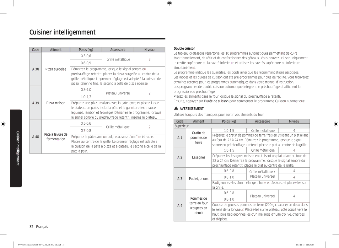 Samsung NV75K5541RS/EF Démarrez le programme, lorsque le signal sonore du, 1,0 Plateau universel 1,2, Étirable, Et dépices 