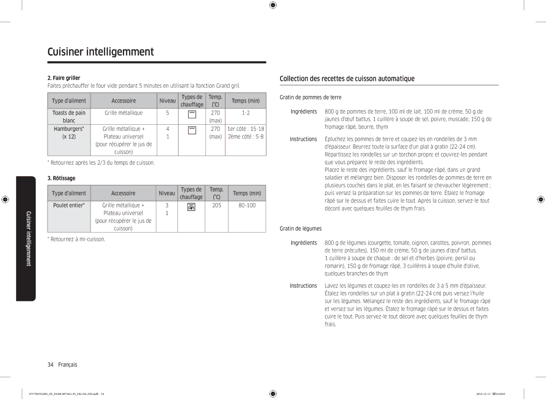 Samsung NV75K5541BS/EF, NV75K5541RS/EG, NV75K5541RS/EF manual Collection des recettes de cuisson automatique 