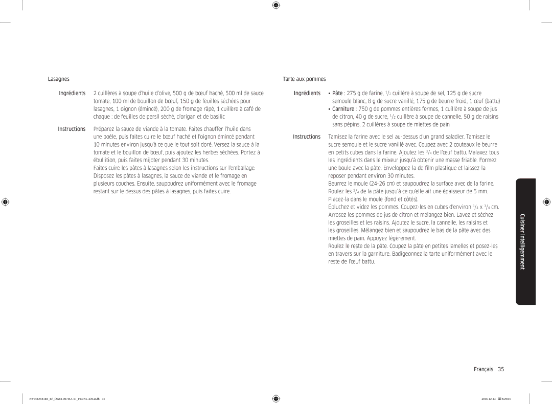 Samsung NV75K5541RS/EF, NV75K5541RS/EG, NV75K5541BS/EF manual Lasagnes, Tarte aux pommes 