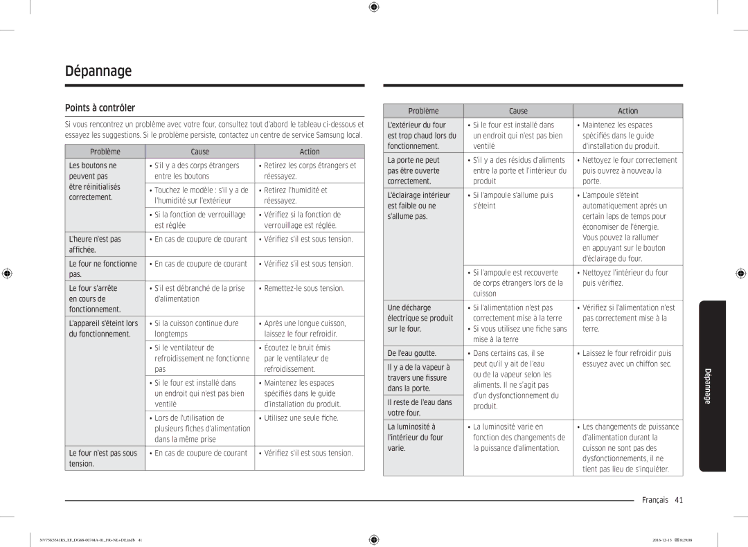 Samsung NV75K5541RS/EF, NV75K5541RS/EG, NV75K5541BS/EF manual Dépannage, Points à contrôler 