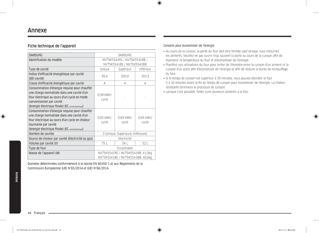 Samsung NV75K5541RS/EF, NV75K5541RS/EG, NV75K5541BS/EF manual Annexe, Fiche technique de lappareil 