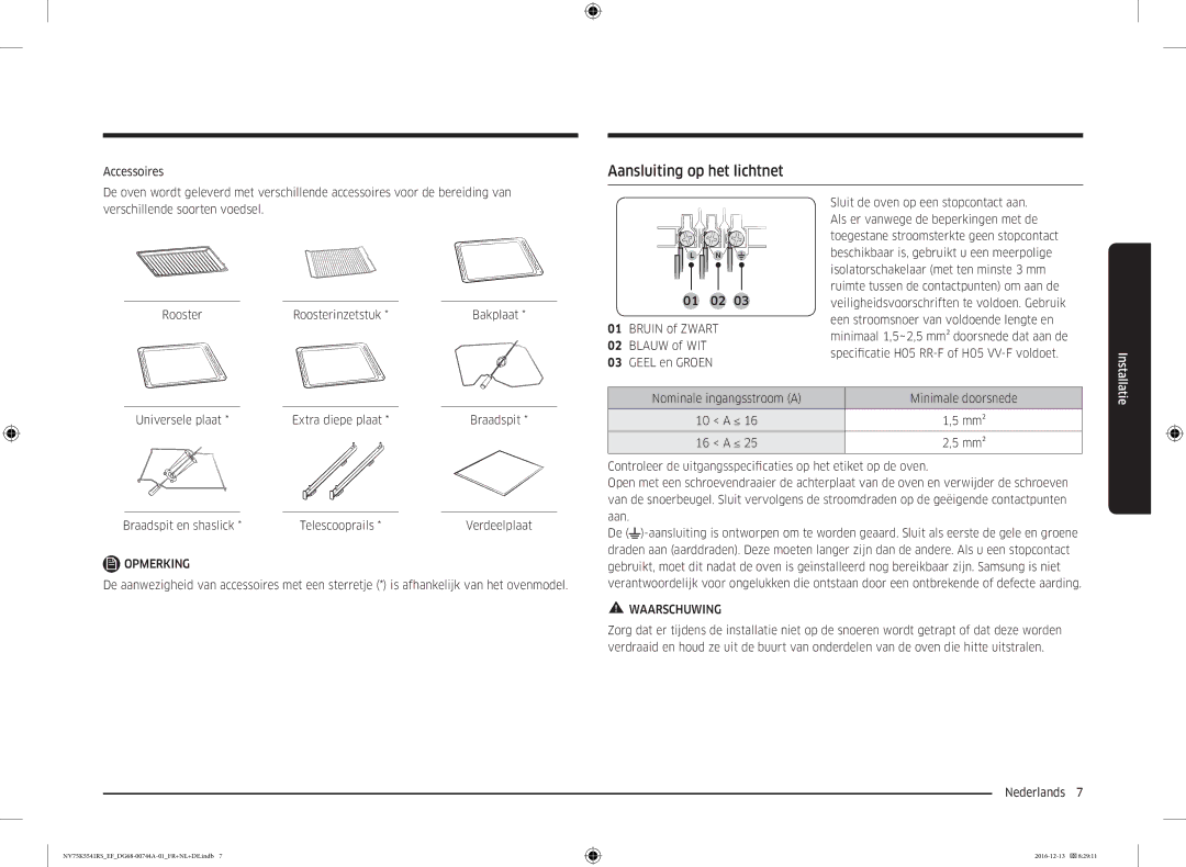 Samsung NV75K5541BS/EF, NV75K5541RS/EG, NV75K5541RS/EF manual Aansluiting op het lichtnet, Minimale doorsnede, Mm² 