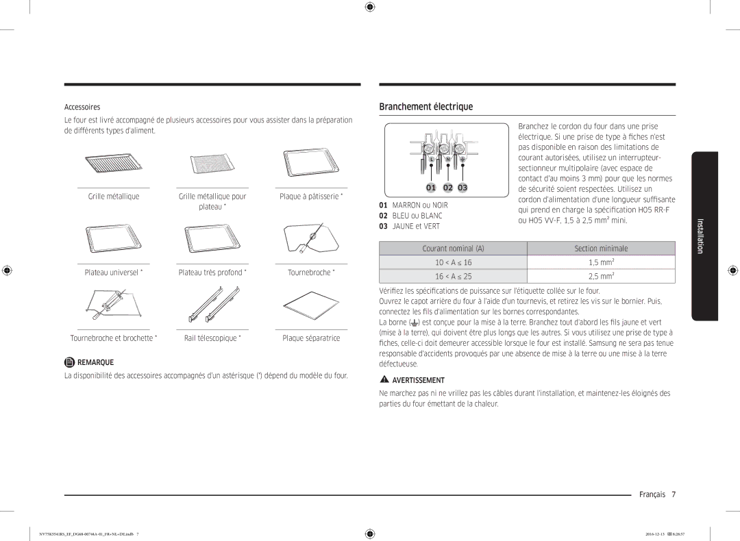 Samsung NV75K5541BS/EF, NV75K5541RS/EG, NV75K5541RS/EF manual Branchement électrique, Plateau universel, Tournebroche 