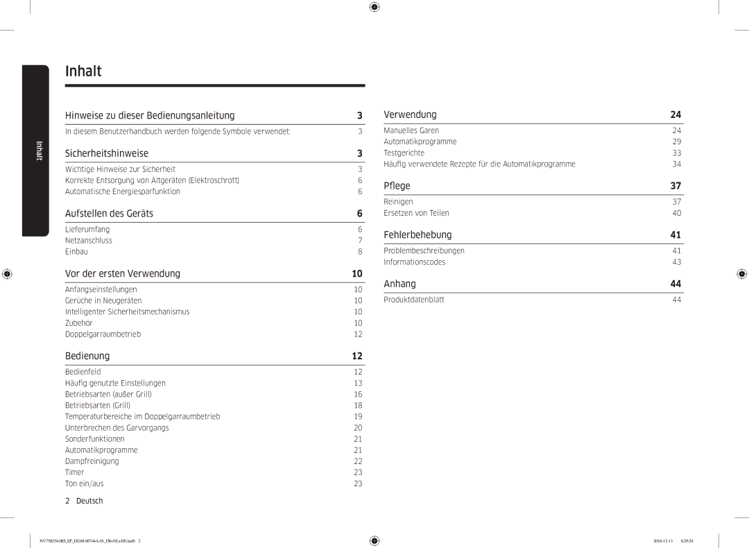 Samsung NV75K5541RS/EF, NV75K5541RS/EG, NV75K5541BS/EF manual Inhalt 