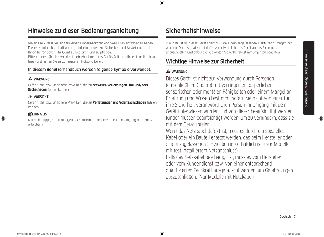 Samsung NV75K5541RS/EG, NV75K5541BS/EF manual Hinweise zu dieser Bedienungsanleitung, Sicherheitshinweise, Deutsch  