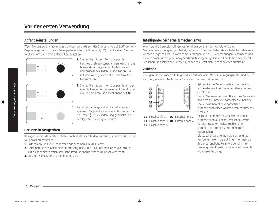 Samsung NV75K5541RS/EG Vor der ersten Verwendung, Anfangseinstellungen, Intelligenter Sicherheitsmechanismus, Zubehör 