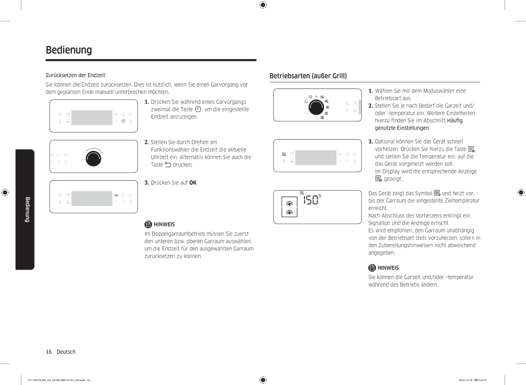 Samsung NV75K5541RS/EG, NV75K5541RM/EG manual Betriebsarten außer Grill, Zurücksetzen der Endzeit 