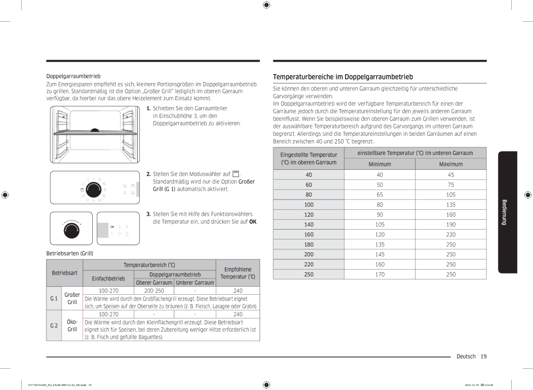 Samsung NV75K5541RM/EG, NV75K5541RS/EG manual Temperaturbereiche im Doppelgarraumbetrieb 